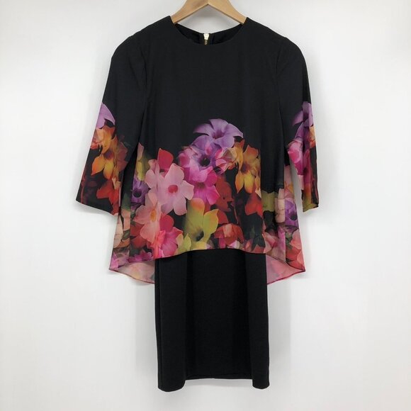 Ted Baker Cadie Cascading Black Pink Floral Layered  Tunic Dress Size 0 (XS) - Picture 2 of 16